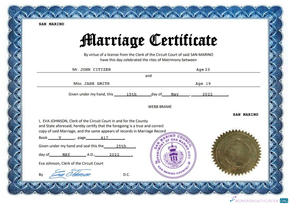 Download San Marino marriage certificate Word and PDF template Photoshop template